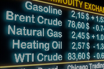 Brent Crude oil and gas price. Energy commodities on a device screen, positive and negative price changes, prices in US Dollar. Commodity trading, inflation and energy futures. 3D illustration