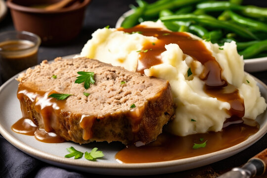 Juicy slices of homemade meatloaf topped with savory gravy and served with a side of creamy mashed potatoes and green beans, generative ai