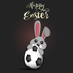 Happy Easter. Rabbit with egg shaped soccer ball