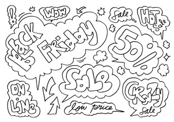 Hand drawn doodle speech bubbles set with sale elements.Vector illustration.