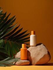 Obraz na płótnie Canvas Isolated white skin care products stand on a rough stone, palm leaf, orange background, soft light. Generative AI
