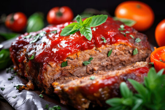 Juicy and Tender Meatloaf Slice with Tomato Glaze and Herb Garnish, generative ai