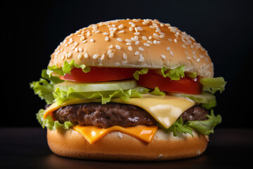 Juicy and succulent beef burger with melted cheese, fresh lettuce, and tomato on a sesame seed bun, generative ai