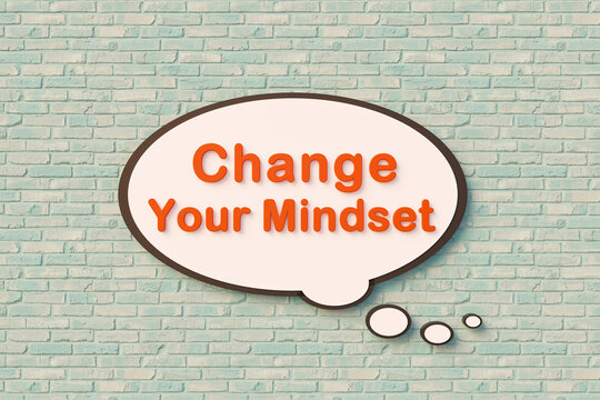 Change your mindset. Orange letters against a slightly bluish brick wall. Mindset, inspiration, advice and encouragement concept. 3D illustration