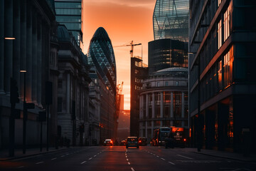 City of London skyscrapers. Banking district in city center of United Kingdom. London skyscraper at sunset. England, UK. Cityscape financial district. Willis Building, Tower Exchange. AI Generative. - obrazy, fototapety, plakaty