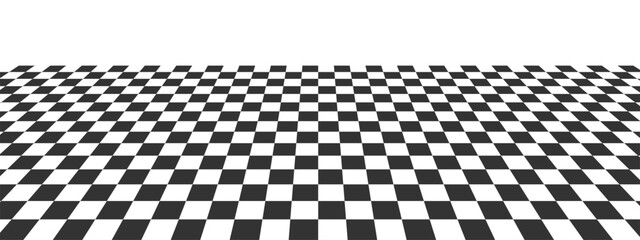 Horizontal tile floor with checkered texture. Plane with black and white squares pattern. Chess board surface in perspective. Geometric chequered retro design