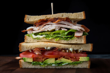 Irresistible Club Sandwich with Smoked Turkey, Crispy Bacon, Fresh Avocado, and Tomato, Layered on a Toasted Bread with Creamy Mayo, generative ai