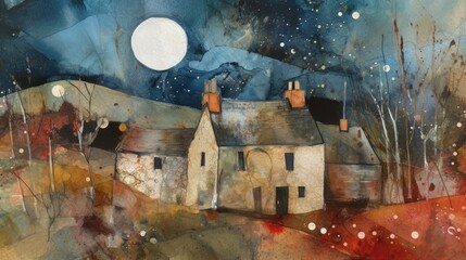 Obraz na płótnie Canvas Home by the Moon and Stars: A Watercolour Collage - Generative AI