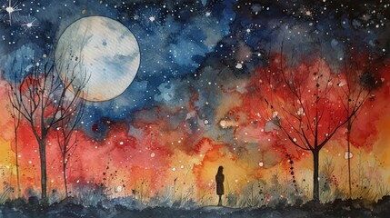 Obraz na płótnie Canvas Home by the Moon and Stars: A Beautiful Watercolor Collage - Generative AI