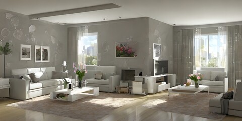 Modern cozy living room in sober colors white and gray, perfectly illuminated space