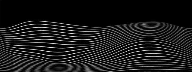 White undulate lines on black background. Winding stripes pattern. Sea, ocean, mountain or hills waving relief linear design. Vector graphic illustration