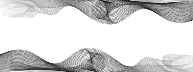 Abstract black wave lines on white background. Curved stripes. Sea, smoke, flowing water, music sound texture. Banner with optical illusion design and copy space