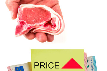 Tasty raw lamb loin chop in a butcher hand and rising price graphic, increase in cost of food concept. Meat industry. High quality and price product. Food supply industry. Isolated background.
