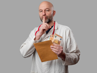 Act of bribery in health care business industry. Confident bald doctor in uniform holding brown...