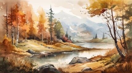 Fototapeta na wymiar Autumnal Landscape with Mountains, Forests, and a Lake in Watercolor - Generative AI