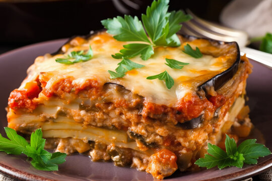 Hearty Eggplant Parmesan Casserole with a Rich and Creamy Tomato Sauce Topped with Melted Cheese, generative ai