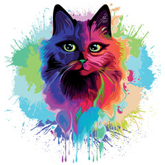Cat Trippy Psychedelic Pop Art Design on Paint Splatters Background Vector Illustration isolated on white. 