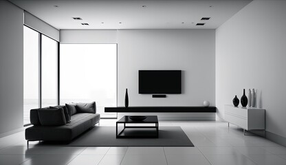 Fototapeta na wymiar modern minimalistic interior design of light bright monochrome room with black and white furniture, clean white walls and huge windows.Generative AI.