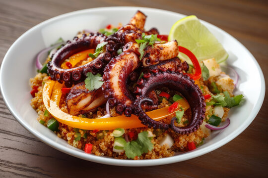 Grilled Octopus Legs with Smoky Paprika and Lime Vinaigrette on a Bed of Quinoa and Roasted Bell Peppers, generative ai