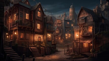 Fototapeta na wymiar Realistic Illustration of a Small Fairy Tale Town at Night - Perfect Backdrop for Fiction and Video Game Concept Art - Generative AI