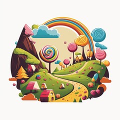 Fantasy candy world landscape illustration for t-shirt, isolated on white background, Generative AI