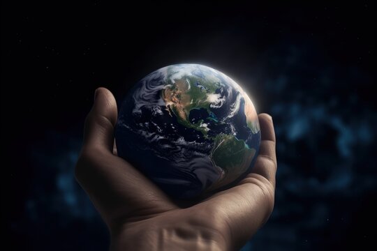Hand holding planet earth, earth day concept, environment preservation concept, Generative AI