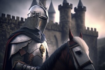 Naklejka premium Medieval knight on horseback with castle in the background, Generative AI