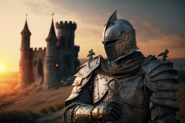 Fototapeta premium Medieval knight with armor and castle in the background, Medieval landscape with knight and castle at sunset, Generative AI