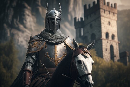 Medieval knight on horseback with castle in the background, Generative AI