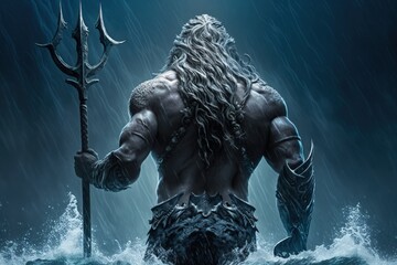 Poseidon with his trident in the sea, Poseidon in the water with his scepter, Generative AI - obrazy, fototapety, plakaty