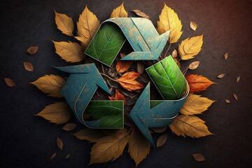 Recycling symbol made from leaves, Generative AI