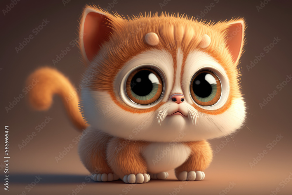 Wall mural cute baby kitten 3d character. cartoon cat with big brown eyes. 3d render illustration. generative a