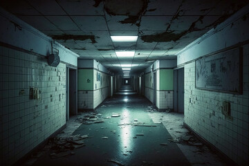 Creepy dark corridor in abandoned hospital, scary underground passage in old building, concept of horror, hallway.