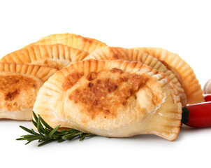 Tasty meat empanadas on white background, closeup