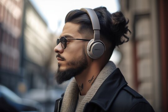 Modern Young Man Listening To Podcast While Walking In The City. Ai Generated.