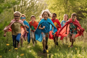 Group of adventurous children dressed as heroes run around the countryside. Ai generated. - obrazy, fototapety, plakaty
