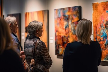 Group of people attend an art gallery with paintings. Ai generated. - obrazy, fototapety, plakaty