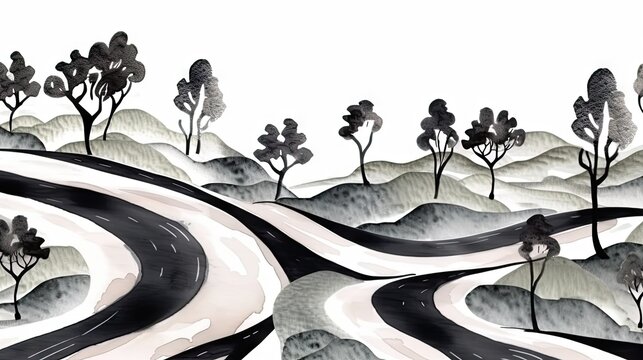 Watercolour Illustration of a Blank Black Winding Road - Generative AI