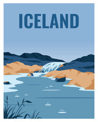 travel poster landscape of Iceland with mountains and waterfall. vector illustration with colored style.