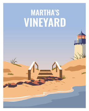 beautiful travel poster of martha's vineyard with lighthouse in beach. landscape illustration background for poster, postcard, card, print.