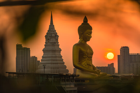 landscape of big buddha in the city large Buddha statue  in Bangkok Wat Pak Nam Phasi Charoe Thailand