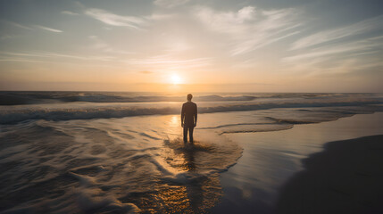 Fototapeta na wymiar person walking on the beach at sunset generative art