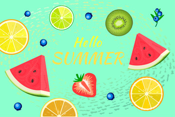 Colorful fruit on light green background with stylish text Hello Summer. Green Festive background with colorful citrus, kiwi and watermelon. Summer Time background for banner or poster design