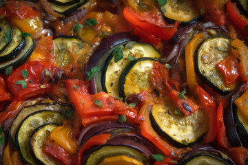 extreme close-up of a ratatouille dish, capturing the detail and texture of each individual ingredient, generative ai