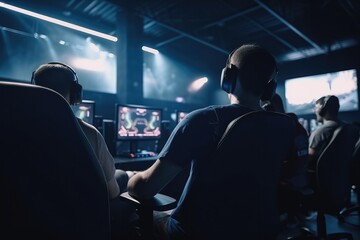 World Cup.Cybersport team involved in online tournament in gaming club . Team of professional cybersport gamers in gaming tournament Generative AI


