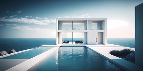 Fototapeta na wymiar Luxury residential minimalist villa with pool and ocean on horizon. Generative AI illustration.
