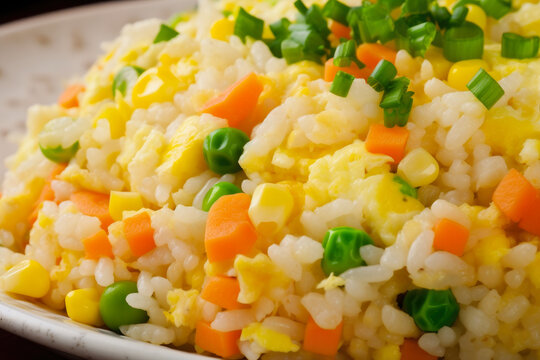 enticing close-up of egg fried rice with fluffy scrambled eggs, diced carrots, peas, and corn, cooked to perfection, generative ai