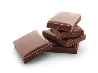 Pieces of delicious chocolate isolated on white background