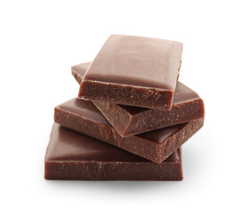 Pieces of delicious chocolate isolated on white background