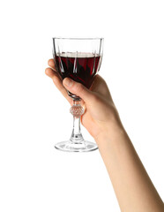 Female hand holding glass of red wine isolated on white background